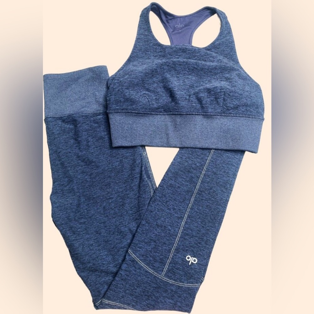 Alo Yoga Blue Leggings and Crop Top Set, Small Set